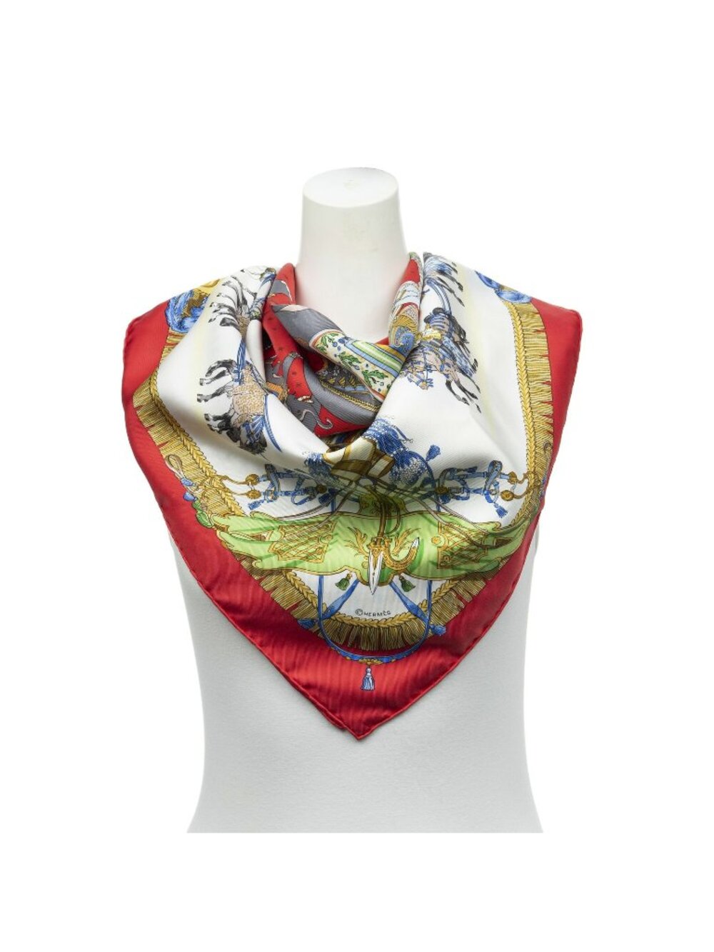 Hermes Scarf Red Gold Ivory Twill Silk